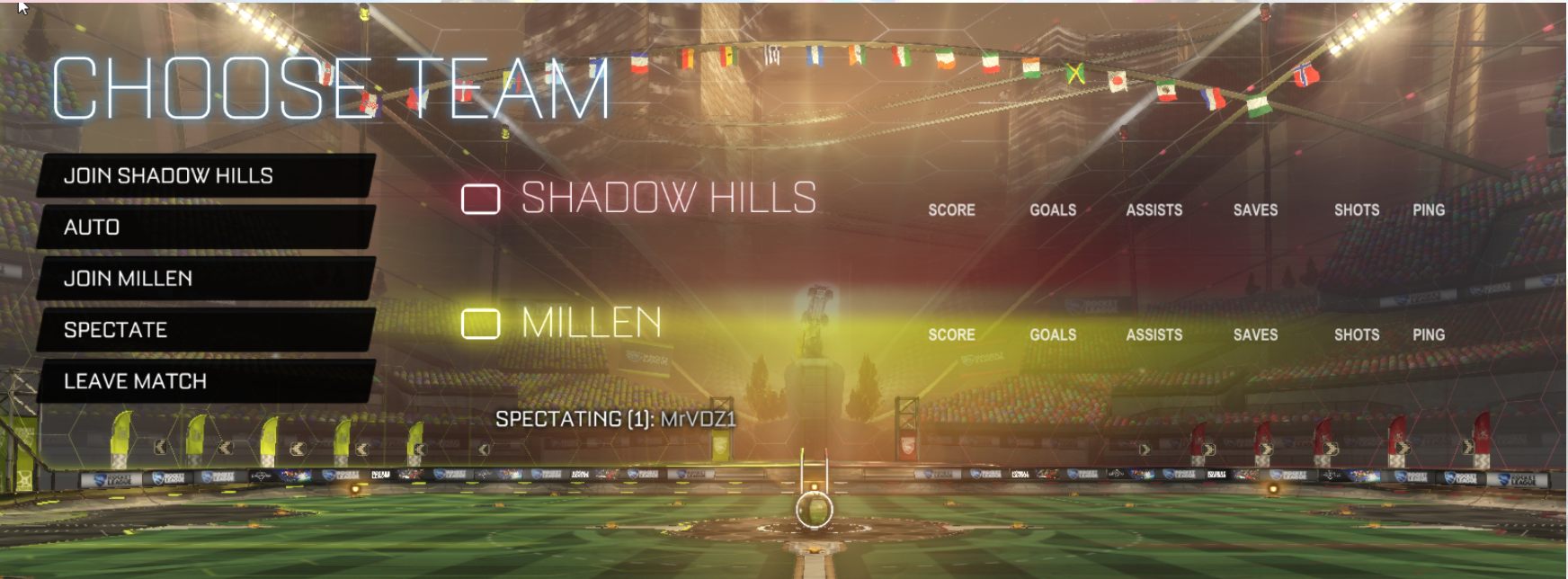 Choose Team screen with options to join Shadow Hills, Auto, join Millen, Spectate or Leave Match