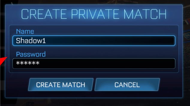 Create Private Match dialog with a name and a hidden password filled in