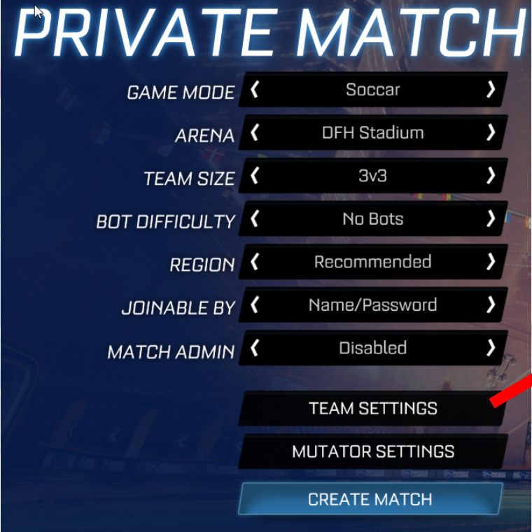 Private Match settings screen showing Soccar, DFH Stadium, 3v3, No Bots, Recommended, Name/Password and Match Admin Disabled