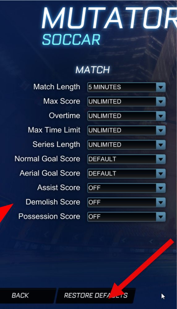 Mutator settings screen with the Restore Defaults button highlighted at the bottom