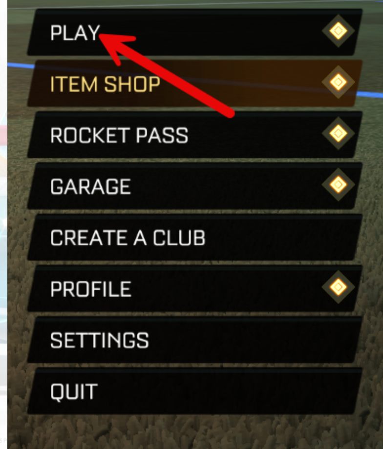 Rocket League main menu with Play highlighted at the top