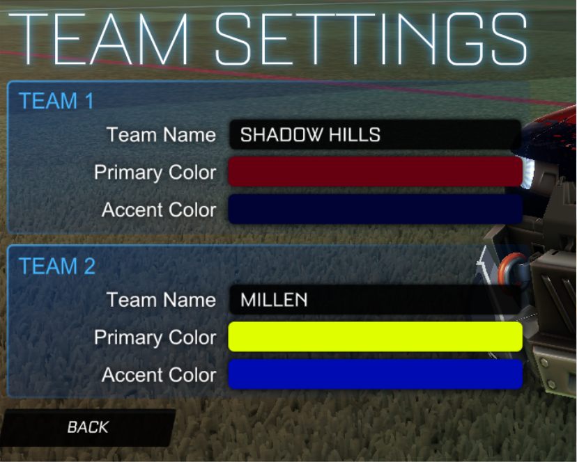 Team Settings screen with Team 1 named Shadow Hills and Team 2 named Millen, each with a primary and accent color